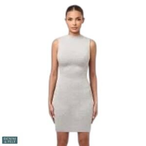 Naked Wardrobe Gray Ribbed Bodycon Mock Neck Mini‎ Dress Minimal Luxe NEW